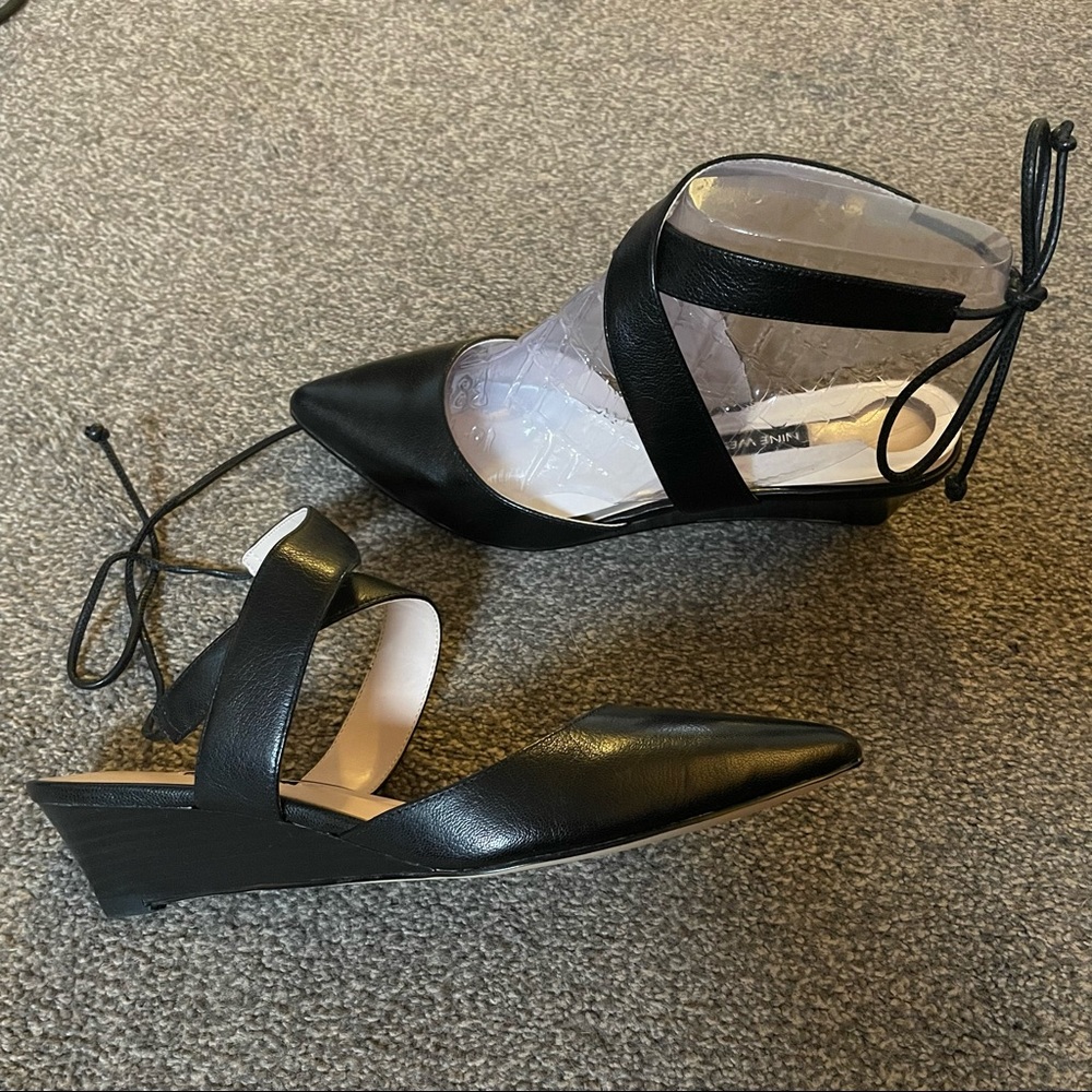 Nine West Black Leather Tie Wedges